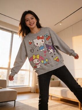 Hello Kitty Gray Crewneck with Colorful Character Art